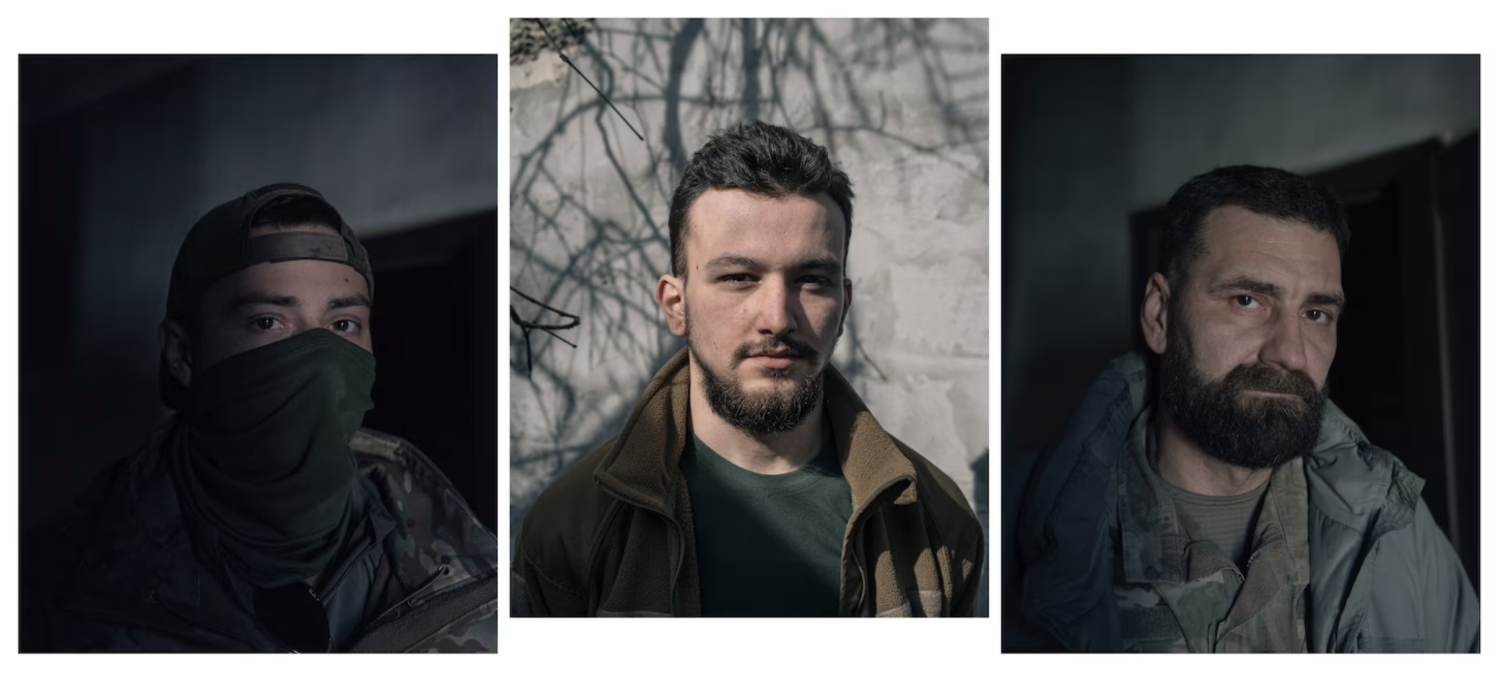 From left to right: Bandit, 27, a machine gunner in Ukraine's 3rd Assault Brigade; Schultz, 23, a soldier in Ukraine's 3rd Assault Brigade who held a firing position inside a residential building in Avdiivka; and Shved, 44, a soldier in Ukraine's 3rd Assault Brigade who was evacuated after suffering from three concussions, but was concussed again when a drone struck his evacuation vehicle on his way out of the city. (Photos by Alice Martins for The Washington Post)