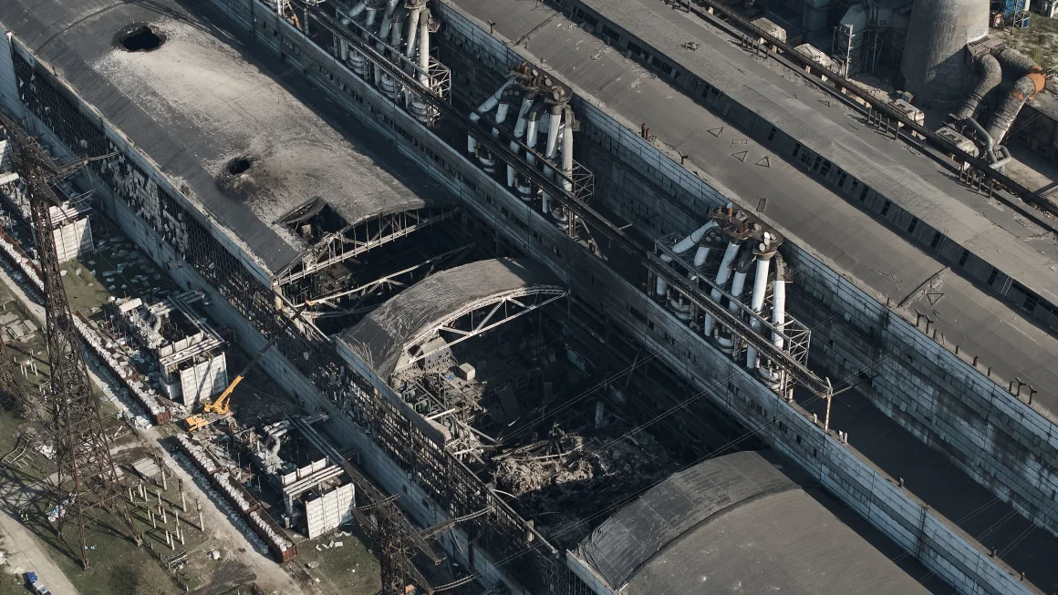 An aerial view of the destroyed engine room of Trypilska Thermal Power Plant after rocket fire on April 11, 2024 Kostiantyn Liberov/Libkos/Getty Images