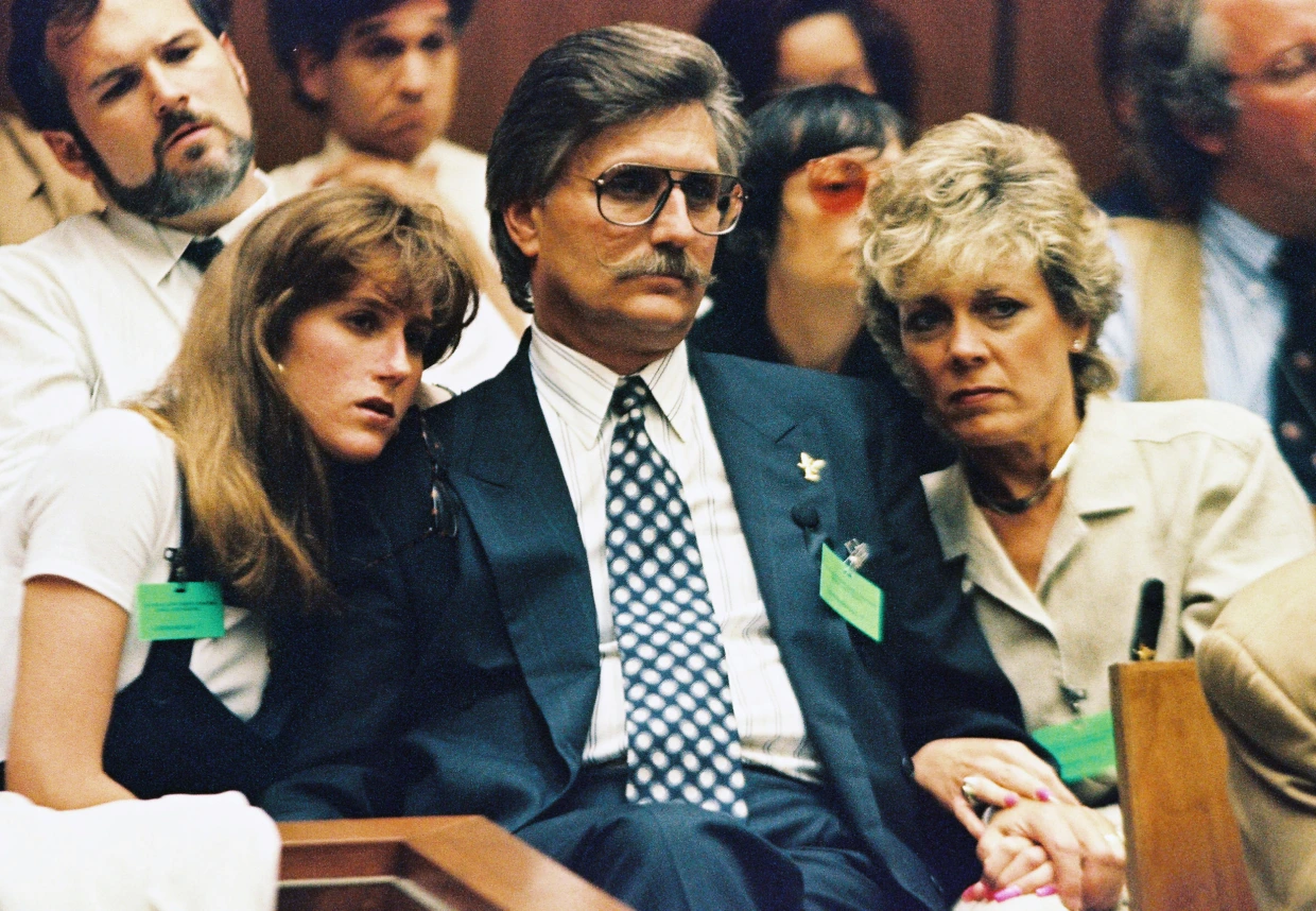 Fred Goldman, father of Ron Goldman, with his daughter, Kim, and wife, Patty, in court in Los Angeles on July 7, 1994.Lee Celano / WireImage