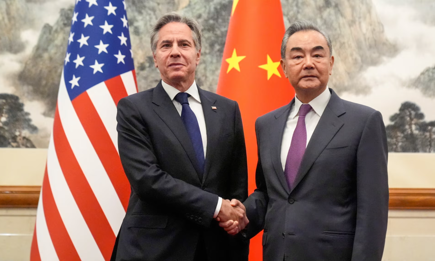 The US secretary of state, Antony Blinken (left) meets China's foreign minister, Wang Yi, at the Diaoyutai state guesthouse in Beijing. Photograph: Mark Schiefelbein/Reuters