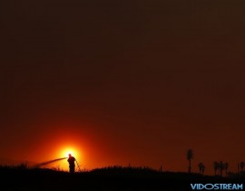 Firefighter Dan Whelan is silhouetted against the sun as he battles a wildfire burning near Faria State Beach in Ventura, Calif., Dec. 7, 2017.