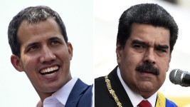 STF, AFP | This combination of pictures created on May 25, 2019 shows Venezuelan opposition leader Juan Guaido (L) in Caracas on February 2, 2019 and another of Venezuelan President Nicolas Maduro in Caracas on January 10, 2019.