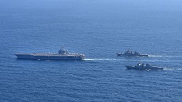 South Korea, the US and Japan conduct a trilateral exercise featuring the aircraft carrier USS Carl Vinson in the waters and air south of Jeju island between January 15 and 17, 2024. South Korea's Defence Ministry