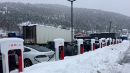 Electric cars are seen at Tesla charging stations in Gulsvik, Norway, in 2019. The country has seen a rapid rise in the sale of EVs over the past decade. (Terje Solsvik/Reuters)