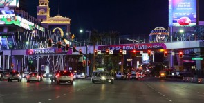 Super Bowl LVIII signage on a pedestrian bridge on the Las Vegas Strip.Photographer: Ethan Miller/Getty Images North America