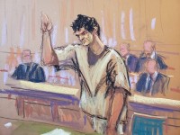 Sam Bankman-Fried, the jailed founder of bankrupt cryptocurrency exchange FTX, is sworn in as he appears in court for the first time since his November fraud conviction, at a courthouse in New York, U.S. on Feb. 21, 2024 in this courtroom sketch. JANE ROS