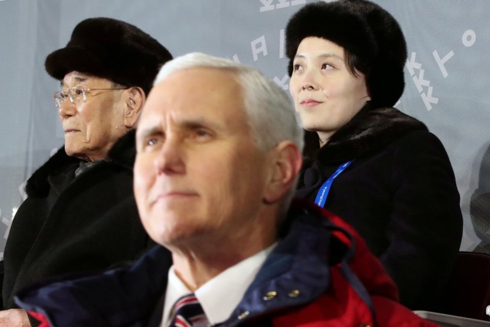 U.S. Vice President Mike Pence, North Korea's nominal head of state Kim Yong Nam, and North Korean leader Kim Jong Un's younger sister Kim Yo Jong attend the Winter Olympics opening ceremony in Pyeongchang, South Korea February 9, 2018. Yonhap v