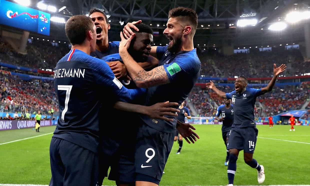 Samuel Umtiti celebrates with his teammates after scoring the winner for France in their World Cup semi-final against Belgium in St Petersburg. Photograph: Chris Brunskill/Fantasista/Getty Images