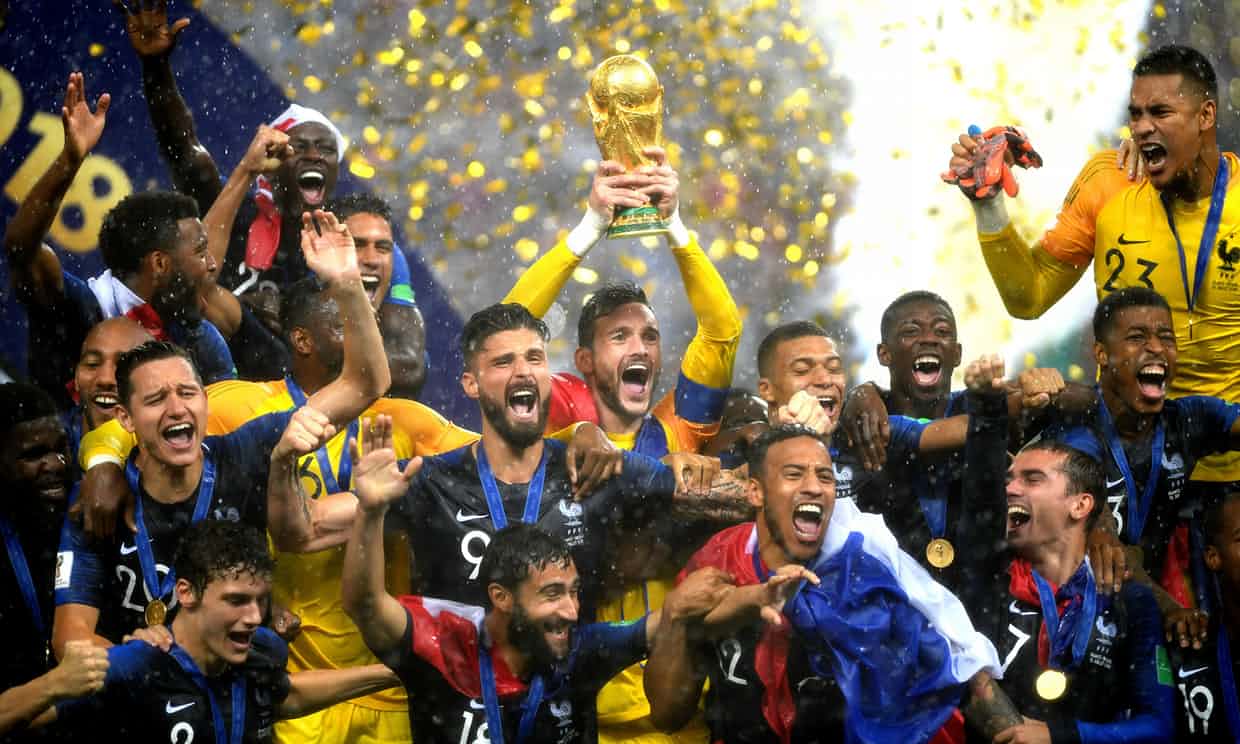 France’s Hugo Lloris lifts the World Cup trophy as they celebrate winning. Photograph: Shaun Botterill/Getty Images
