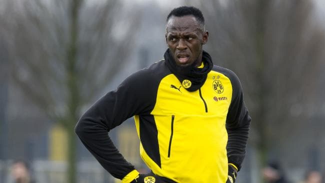 DORTMUND, GERMANY - MARCH 23: Usain Bolt looks on during a training session on March 23, 2018 in Dortmund, Germany. (Photo by TF-Images/TF-Images via Getty Images)Source:Getty Images