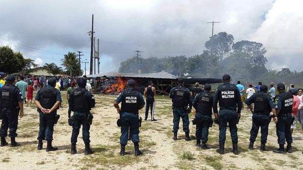 EPA / Brazilian police tried to restore control after residents near Pacaraima attacked Venezuelan migrant camps