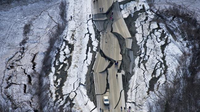 This aerial photo shows damage on Vine Road, south of Wasilla, Alaska, after earthquakes. Picture: APSource:AP