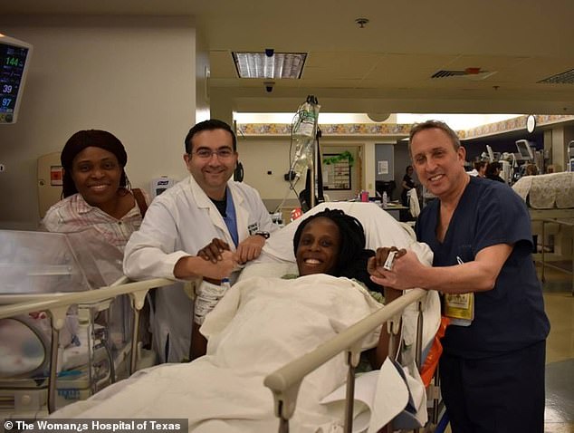 Thelma Chiaka (pictured with her doctors) gave birth to sextuplets - two sets of boys and one set of girls - at the Woman's Hospital of Texas on Sunday morning	+4 Thelma Chiaka (pictured with her doctors) gave birth to sextuplets - tw