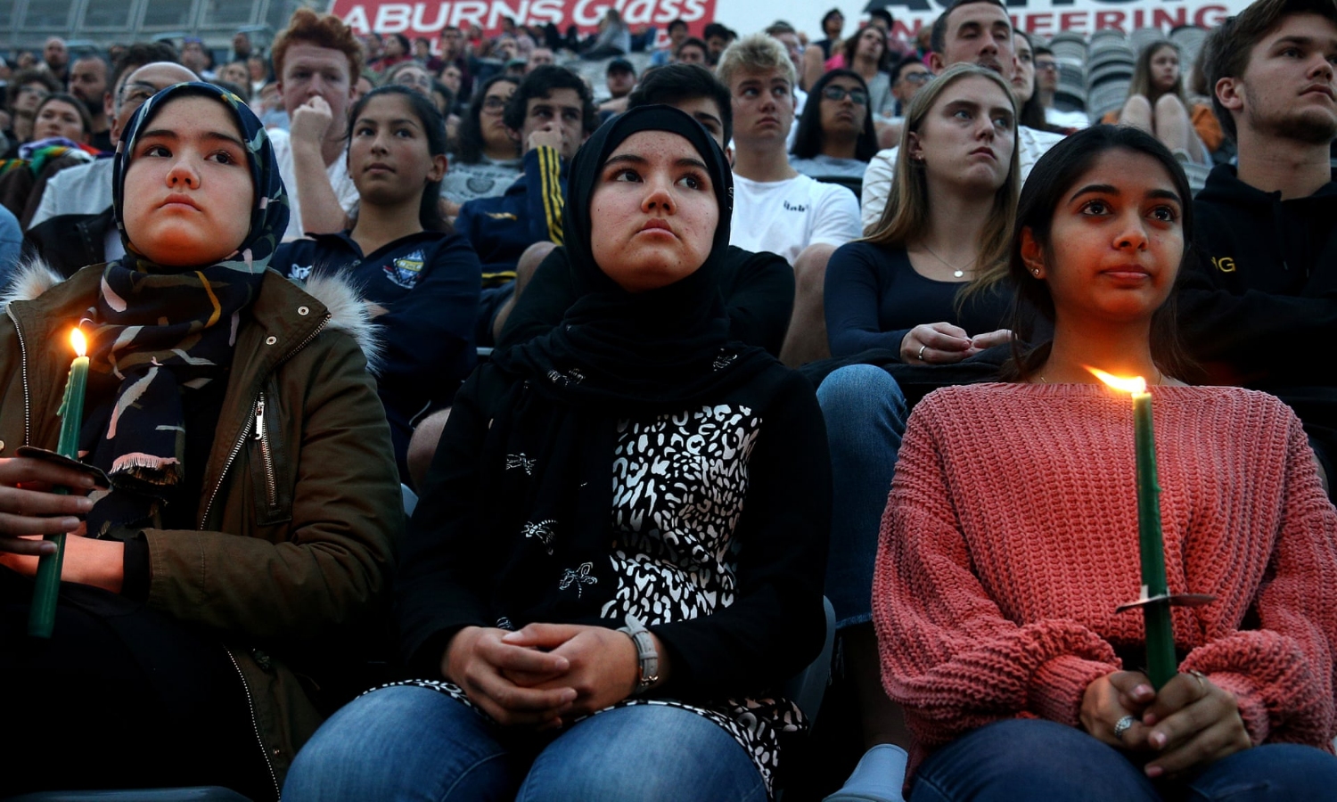 Vigil at Forsyth Barr Stadium on Thursday in Dunedin, New Zealand for 50 people killed when a gunman opened fire at the Al Noor and Linwood mosques in Christchurch on 15 March. Photograph: Dianne Manson/Getty Images