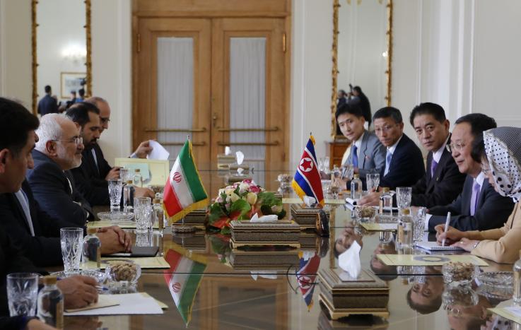 Iranian Foreign Minister Mohammad Javad Zarif (second from left) talks to North Korean Foreign Minister Ri Yong Ho (second from right) during their meeting in Tehran, Iran, on August 7, 2018. The two countries have traditionally had poor r