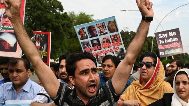 Pakistani Kashmiri people shout anti-Indian slogans during a demonstration in Islamabad. Picture: AFPSource:AFP
