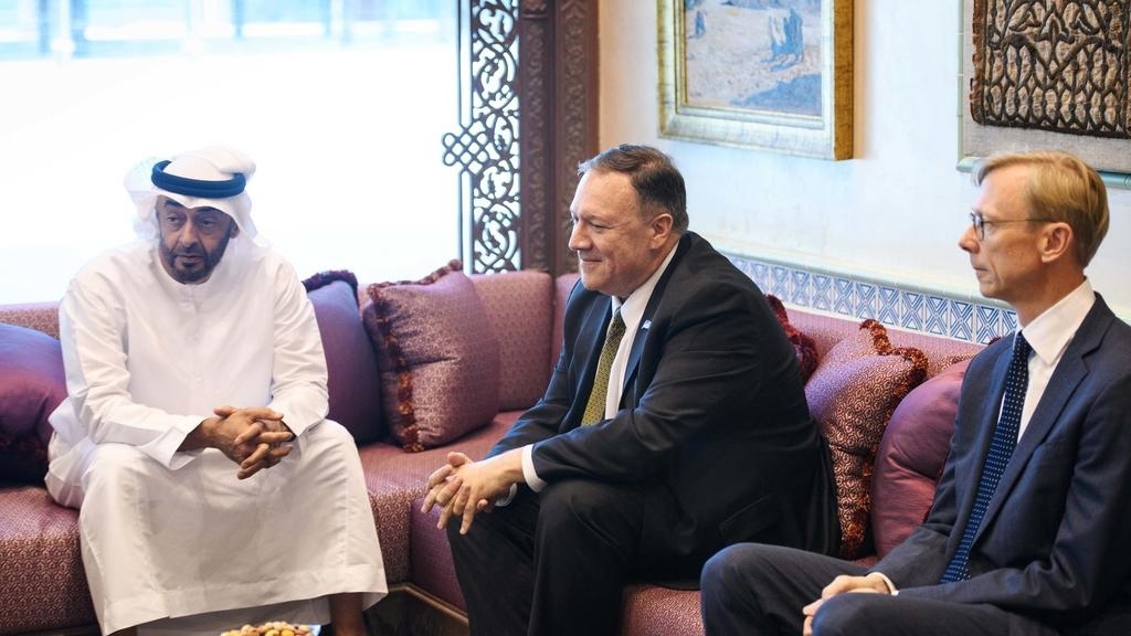 Mandel Ngan, AFP | US Secretary of State Mike Pompeo (C) and US special representative on Iran Brian Hook (R) take in a meeting with Abu Dhabi Crown Prince Mohamed bin Zayed al-Nahyan in Abu Dhabi, United Arab Emirates, on September 19, 20