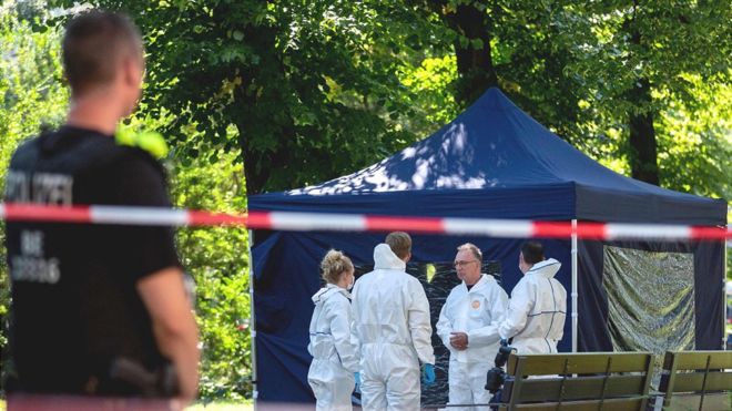 AFP / Police at the spot in a Berlin park where the Chechen exile was shot dead