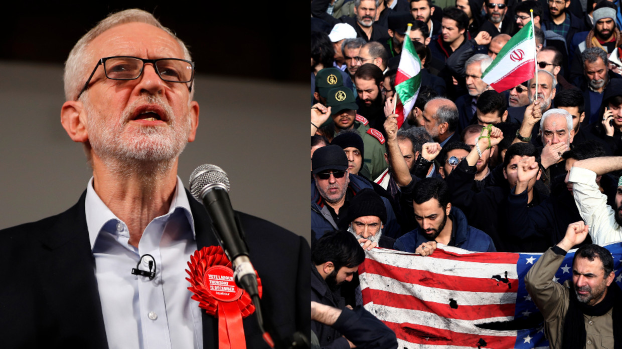 (L) Labour leader Jeremy Corbyn © AFP / Tolga Akmen (R) Protest against the assassination of Iranian Major-General Soleimani in Tehran © Reuters / WANA / Nazanin Tabatabaee