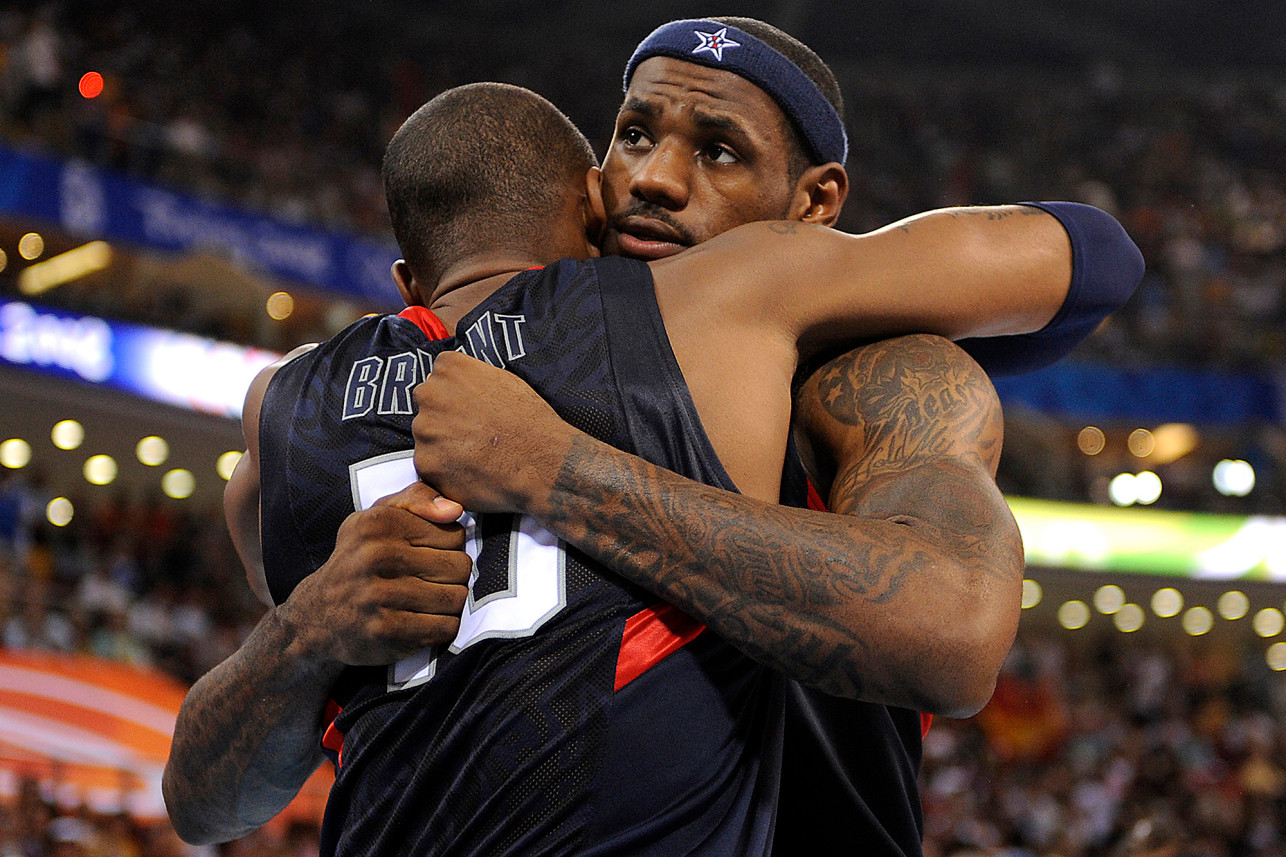 Kobe Bryant hugging LeBron James in 2008. Bryant died Sunday at age 41.  Kobe Bryant hugging LeBron James during the Gold Medal game at the 2008 Beijing Olympics.Charles Wenzelberg/New York Post
