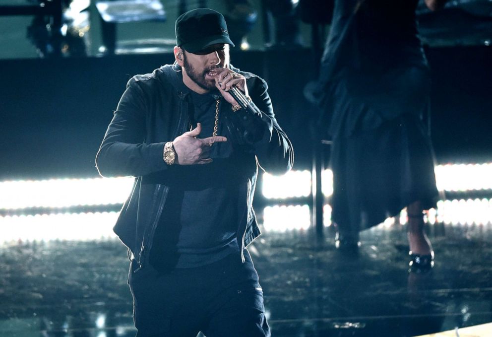 Chris Pizzello/Invision/AP Eminem performs "Lose Yourself" at the Oscars, Feb. 9, 2020, at the Dolby Theatre in Los Angeles.
