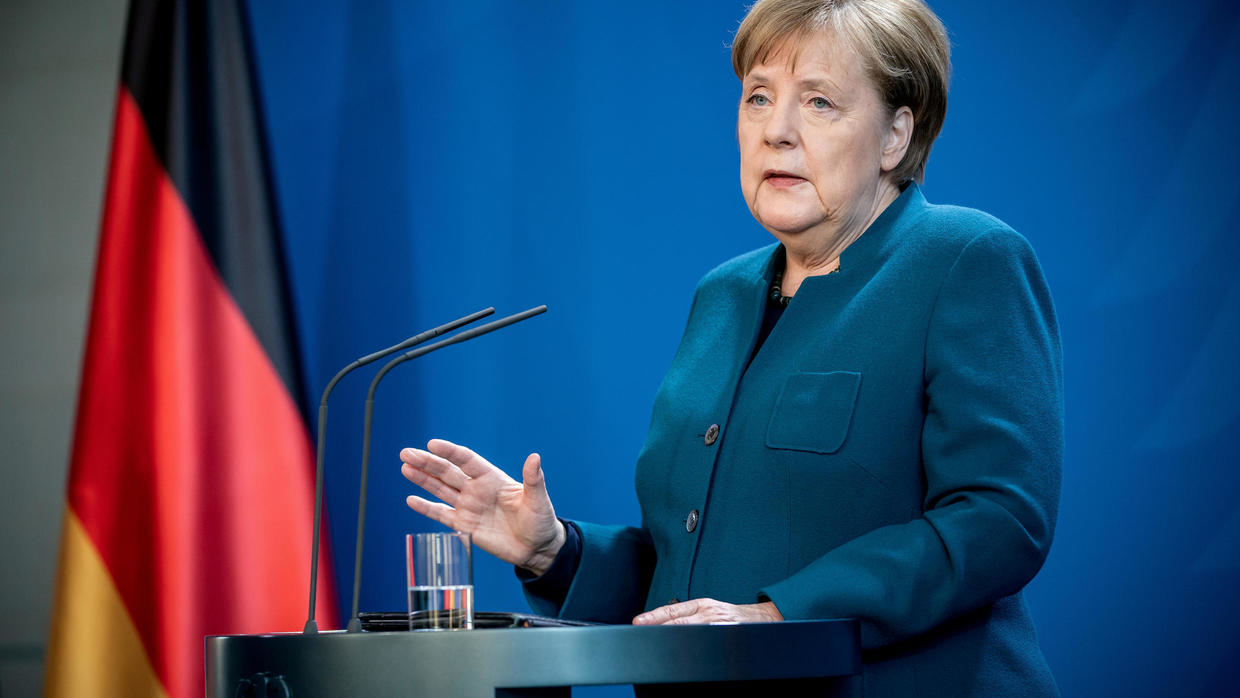 German Chancellor Angela Merkel gives a media statement on the spread of the new coronavirus (COVID-19) at the Chancellery in Berlin, Germany, March 22, 2020. via REUTERS - POOL New