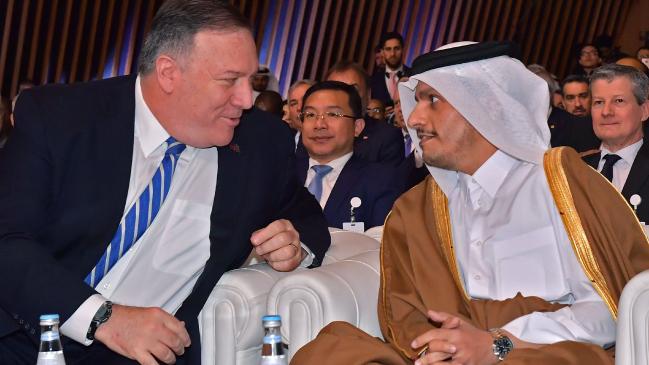 US Secretary of State Mike Pompeo and Qatar's Deputy Prime Minister and Minister of Foreign Affairs Sheikh Mohammed bin Abdulrahman al-Thani attend the signing of a US-Taliban agreement. Picture: AFPSource:AFP