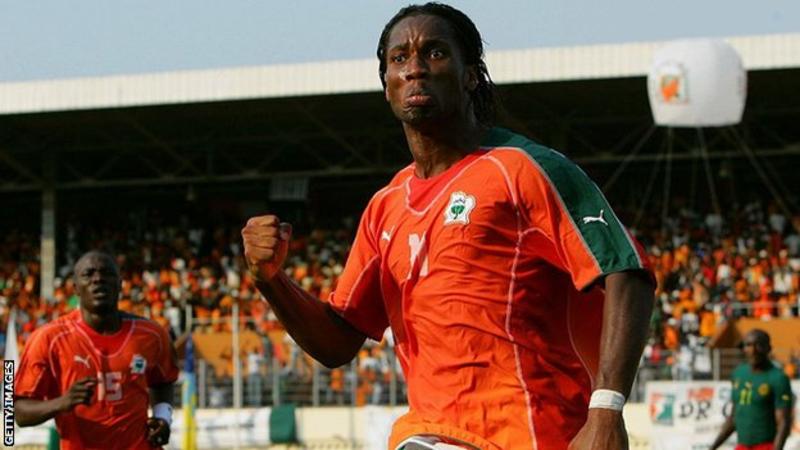 Didier Drogba celebrates scoring in World Cup 2006 qualification for Ivory Coast