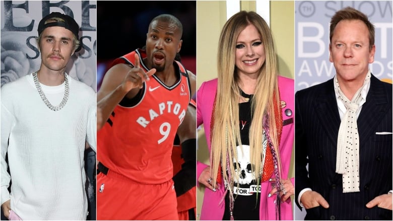 Singer Justin Bieber, left, Toronto Raptors player Serge Ibaka, singer-songwriter Avril Lavigne and actor Kiefer Sutherland are among the dozens of famous faces joining this Sunday's Stronger Together, Tous Ensemble benefit saluting front-line worker