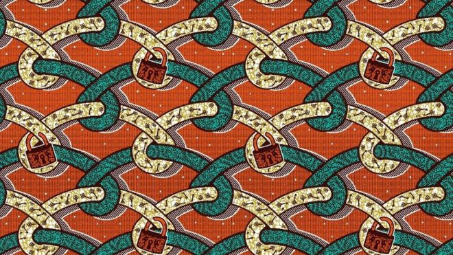 GHANA TEXTILES PRINTING / Some of the designs have padlocks to symbolise lockdown measures