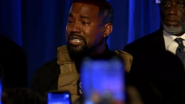 Kanye West in tears during his rally.Source:Supplied