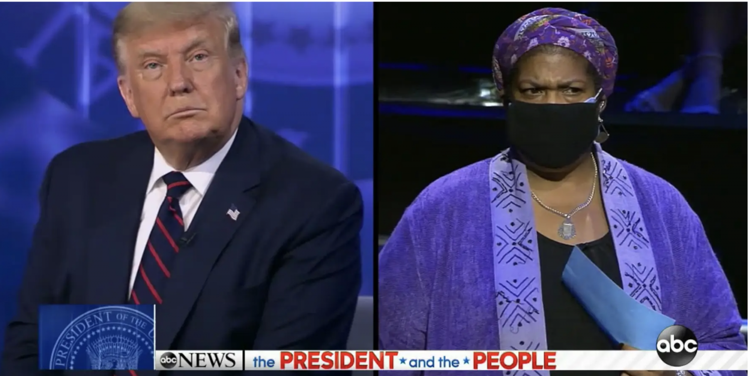 Ellesia Blaque, right, shut down the president for interrupting her question at Tuesday night's ABC News town hall. ABC News