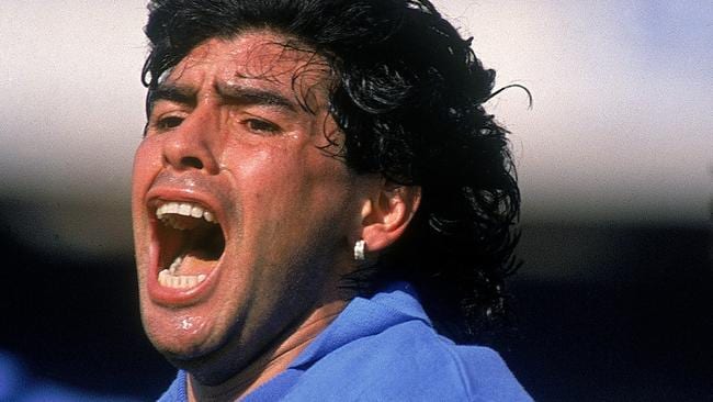 Diego Maradona of Napoli celebrates a goal during an Italian Serie A match against AC Milan at the San Paolo Stadium in 1988.Source:Supplied