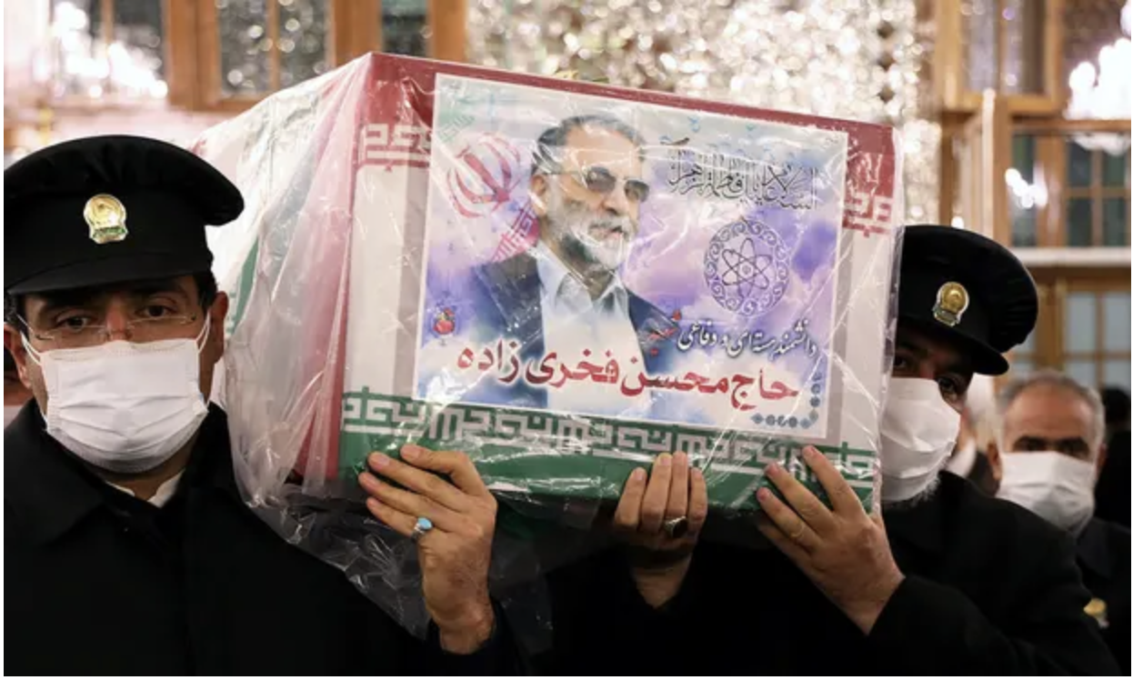Mohsen Fakhrizadeh’s coffin at the shrine of Imam Reza in Mashhad, Iran, on Sunday. Photograph: Wana News Agency/Reuters