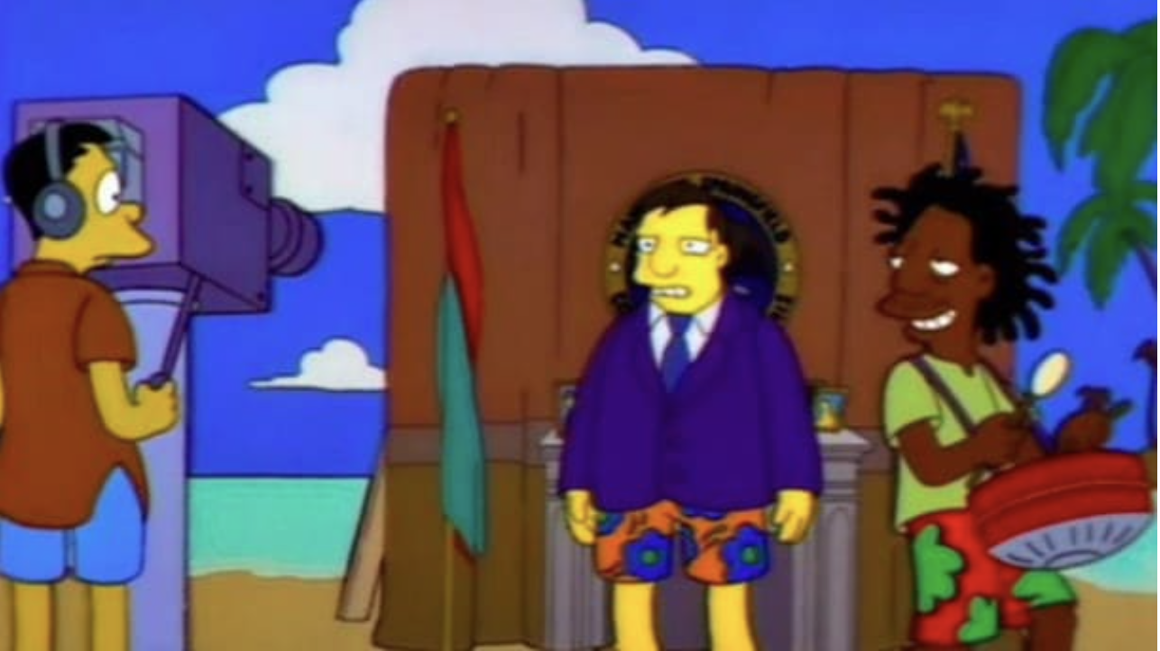 The scenario sees Springfield Mayor Joe Quimby broadcasting a press conference to inform the public about a pandemic, and assure he had not escaped to the Bahamas.Source:Supplied