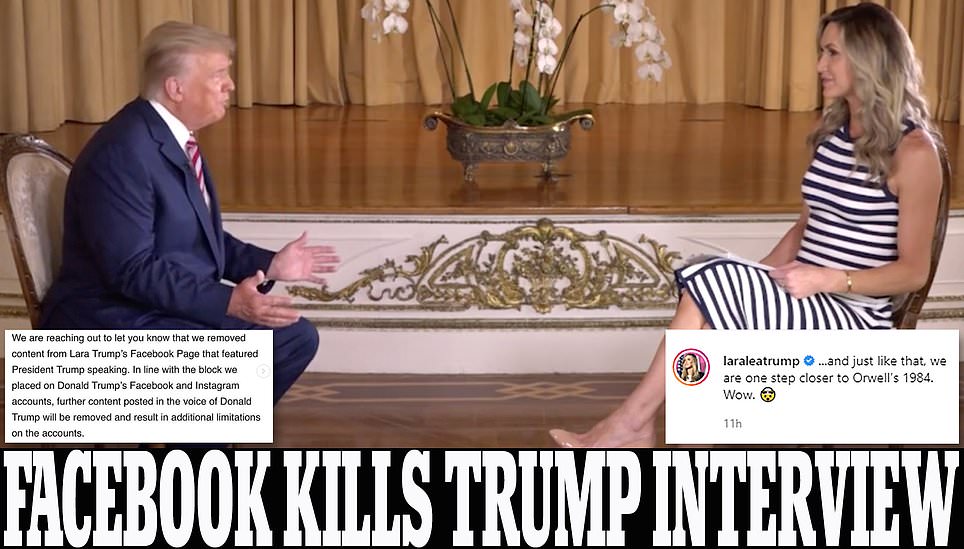 Facebook and Instagram take DOWN Trump's interview with daughter-in-law Lara where he signaled he will run for President in 2024 and said Biden 'didn't know where the hell he was' when he fell down the stairs