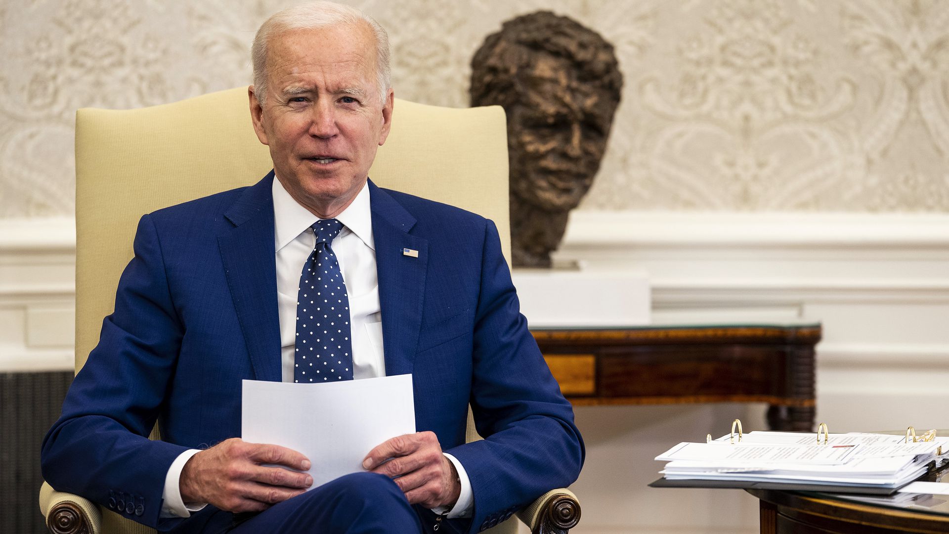 U.S. President Joe Biden seen in the Oval Office on April 15. (Photo by Doug Mills-Pool/Getty Images)