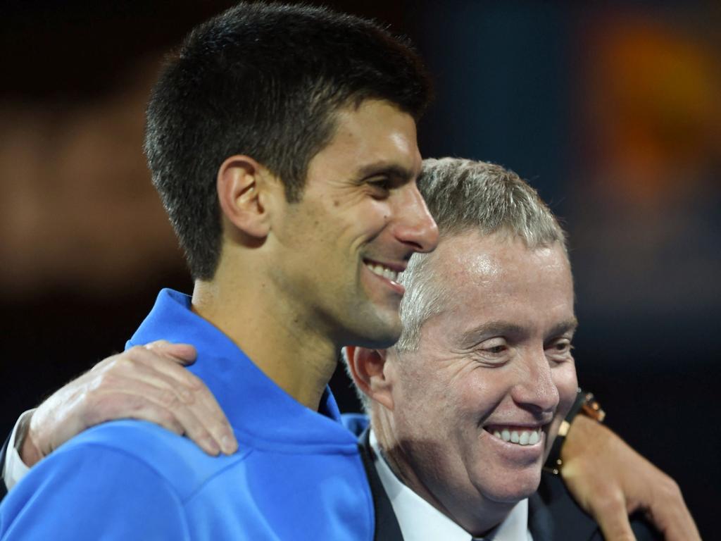 Djokovic with Tennis Australia boss Craig Tiley. Picture: Greg Wood/AFP