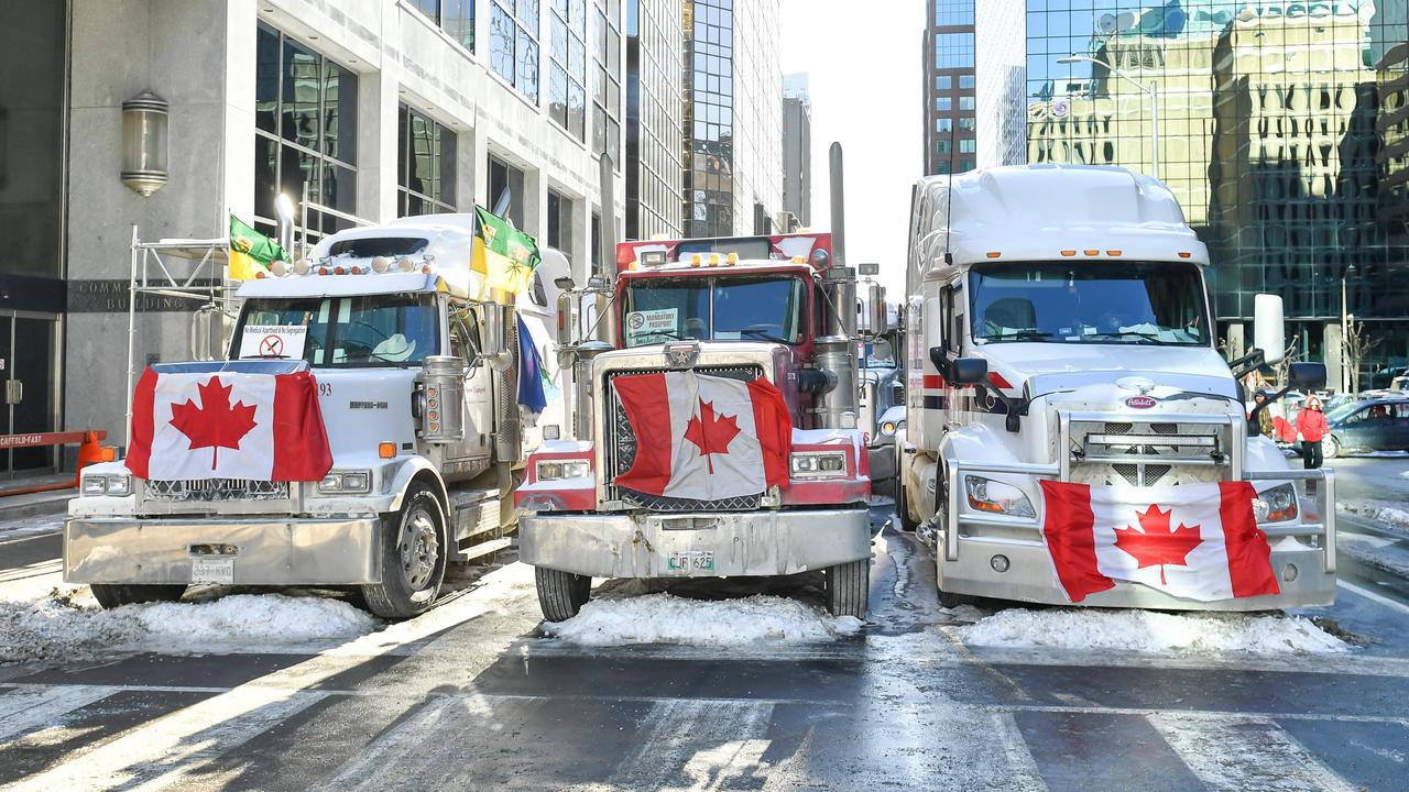 Truckers line-up their trucks on Metcalfe Street in Ottawa, Canada. Picture: AFP