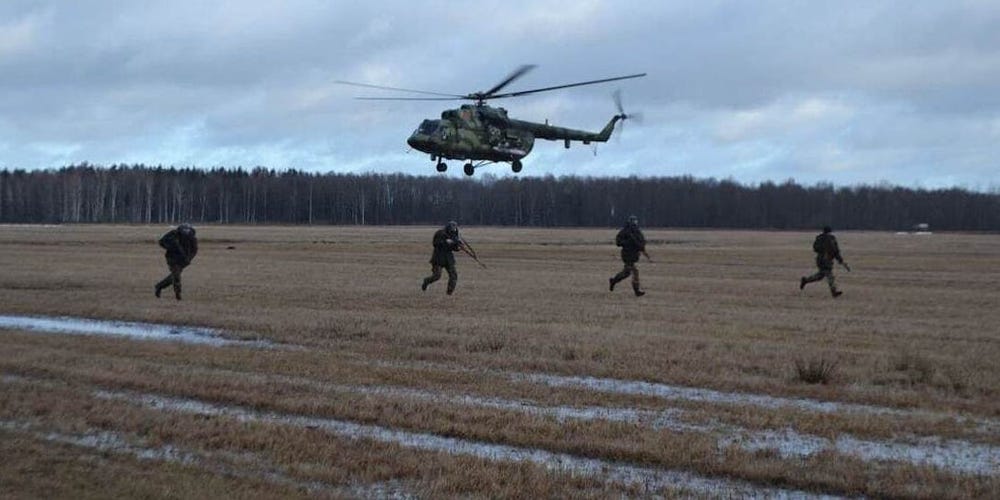 Russian and Belarusian troops take part in Allied Determination-2022, a military drill in Belarus, February 10, 2022. Belarus Defense Ministry/Anadolu Agency via Getty Images
