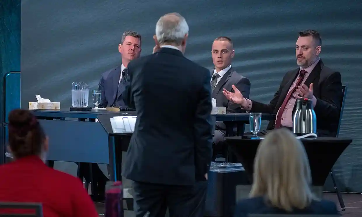 RCMP constables Adam Merchant, Aaron Patton and Stuart Beselt, left to right, are questioned at the mass casualty commission inquiry. Photograph: Canadian Press/Rex/Shutterstock