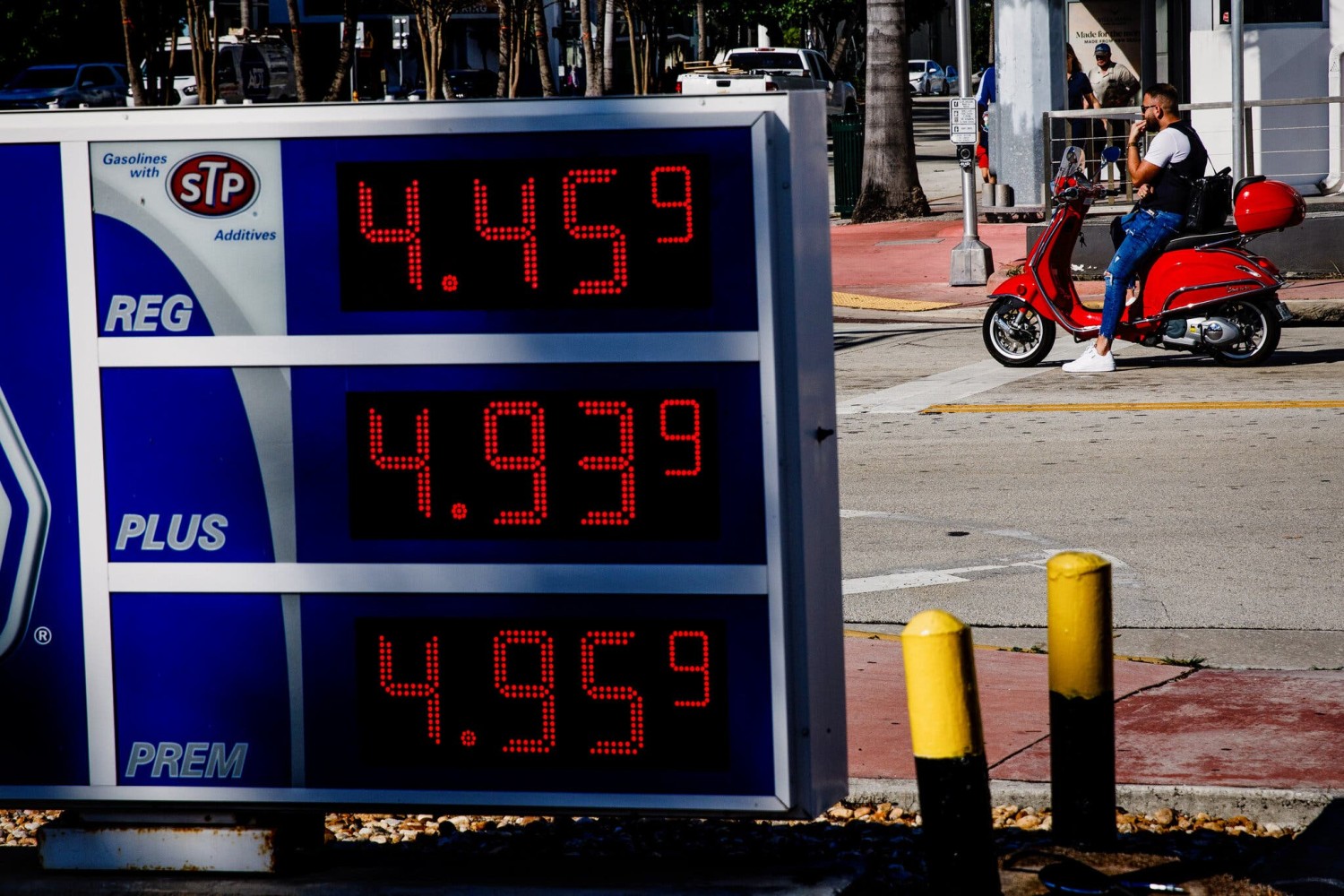 A gas station in Miami Beach, Fla., last week. The cost of gasoline in the United States is approaching record levels.Credit...Scott McIntyre for The New York Times