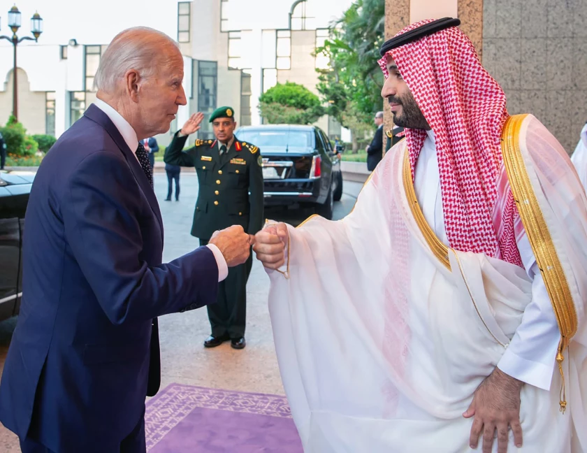 In this photo released by the Saudi Press Agency, President Biden greets Saudi Crown Prince Mohammed bin Salman with a fist bump after arriving in Jeddah, Saudi Arabia, on Friday. (Associated Press)