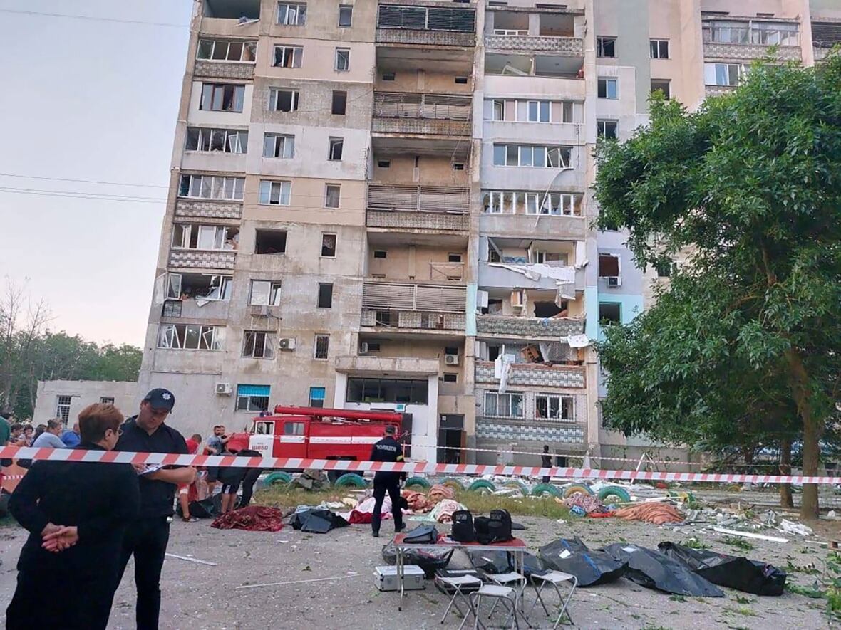 In this photo provided by the Ukrainian Emergency Service, a damaged residential building is seen in the Odesa region early Friday, following Russian missile attacks. (Ukrainian Emergency Service/The Associated Press)