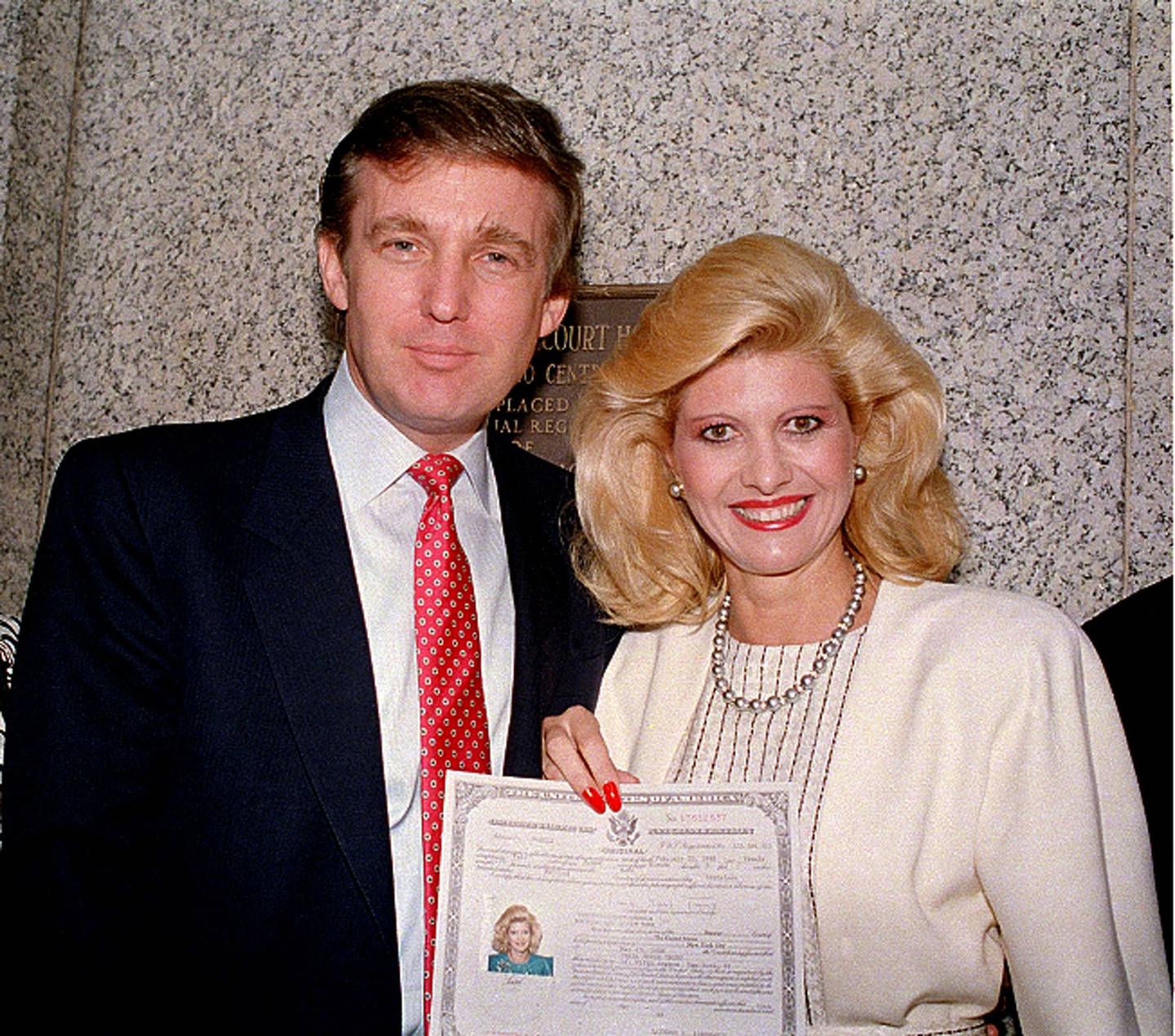 Donald Trump and his wife, Ivana, pose outside the Federal Courthouse after she was sworn in as a United States citizen, May 1988. (ASSOCIATED PRESS)