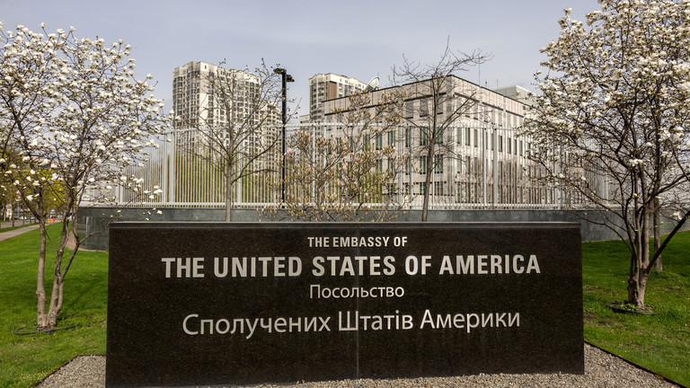 The US Embassy building in Kiev, Ukraine, April 2022. John Moore / Getty Images