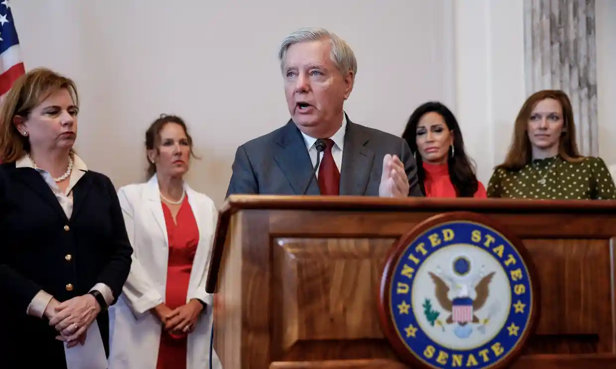 Lindsey Graham at his news conference on Tuesday. The White House and Democrats decried Graham’s efforts. Photograph: Evelyn Hockstein/Reuters