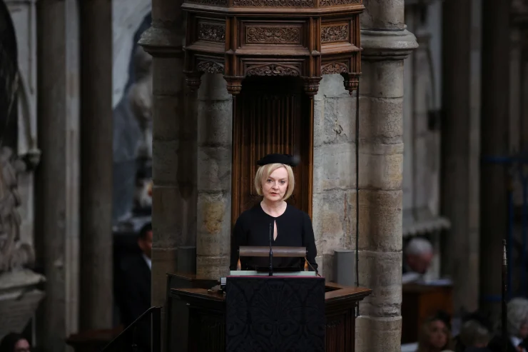 British Prime Minister Liz Truss speaks in Westminster Abbey during the State Funeral of Queen Elizabeth II.CREDIT:WPA POOL/GETTY IMAGES