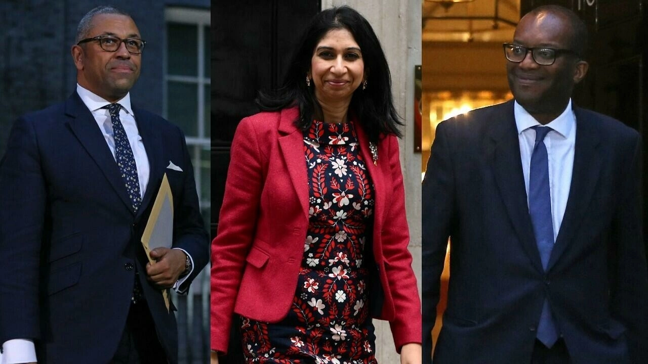 Left to right: British Foreign Minister James Cleverly, Home Secretary Suella Braverman and Finance Minister Kwasi Kwarteng. © AFP