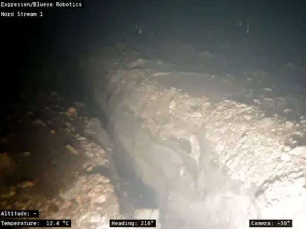 In videos published by newspaper Expressen, a massive tear and twisted metal can be seen on the Nord Stream 1 pipeline 80 metres down. Photo: Blue Eye Robotics/Expressen